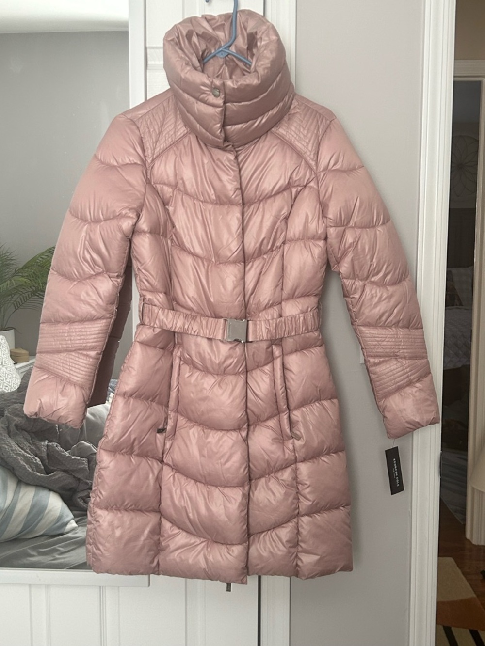 Kenneth Cole Women's Long Belted Puffer Coat - Blush Pink